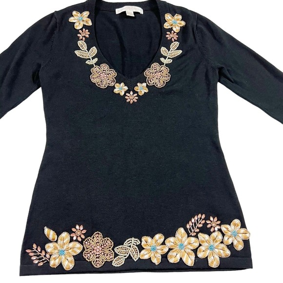 Boston Proper Black Beaded Embroidered Floral V Neck Sweater XS So Soft! - Picture 1 of 14